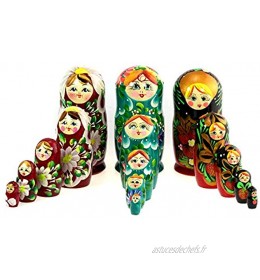 Azhna Lot de 3 ensembles de 5 poupées russes en bois peintes à la main 15 cm