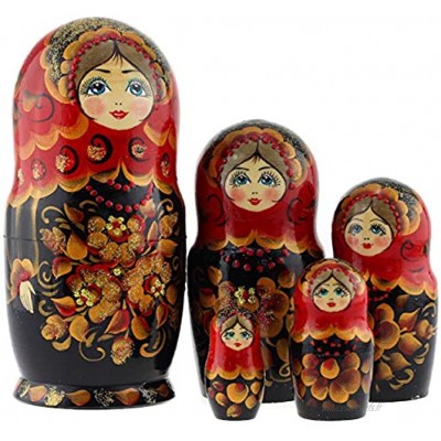 Azhna Lot de 5 poupées russes 17 cm Souvenir Matriochka Home Decor Collection Style classique Nesting poupée russe peinte à la main en bois rouge et noir