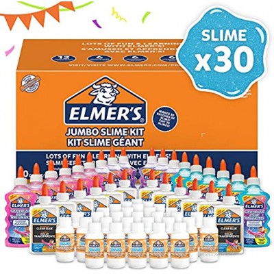 Elmer's pack fête pour slime avec colle pailletée 18flacons colle transparente 12flacons + activateur pour slime 30flacons lot de 60produits – Pour fabriquer 30portions de slime